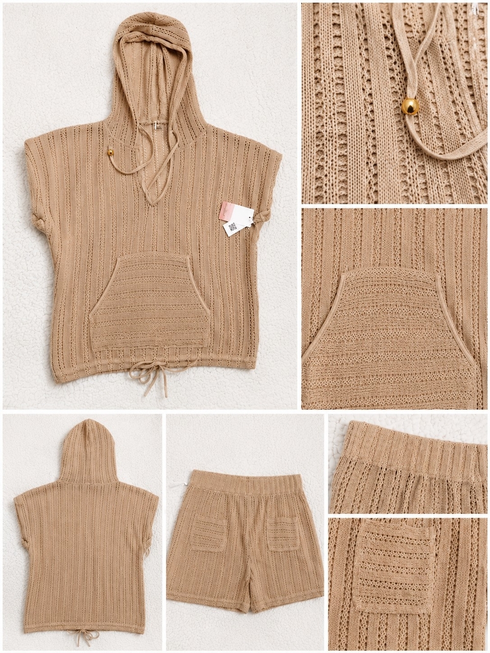 Beige Knit Hooded Pullover with Drawstring